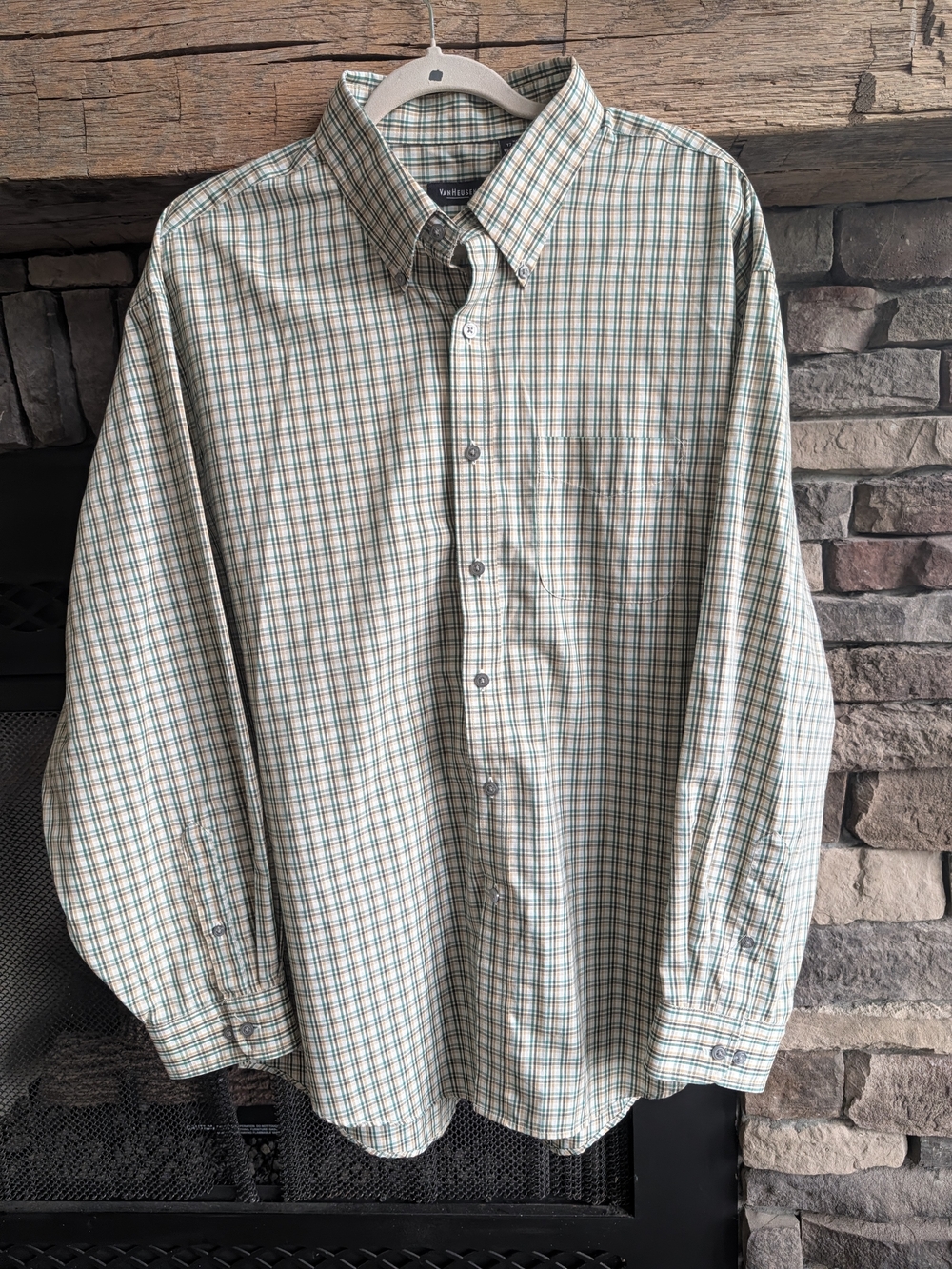 Van Heusen Plaid Button-Down Shirt in Cream, Green and Blue
